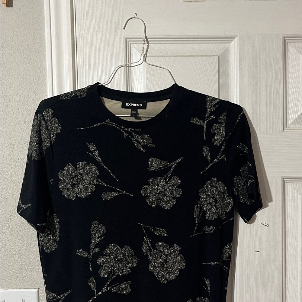Express Black Tee with Silver Floral Design